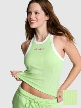 PINK Victoria's Secret Light Green Ribbed Tank with White Trim